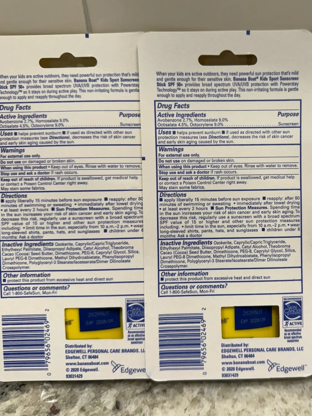 Banana Boat Kids Sport Sunscreen Powerstay Stick 0.5 oz SPF 50 Twin Pack NWT